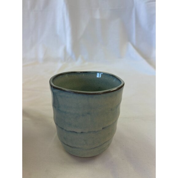 Handcrafted Ceramic Japanese Tea Cup Blue Glaze 3.5 Inches Tall Textured Finish - Picture 1 of 2
